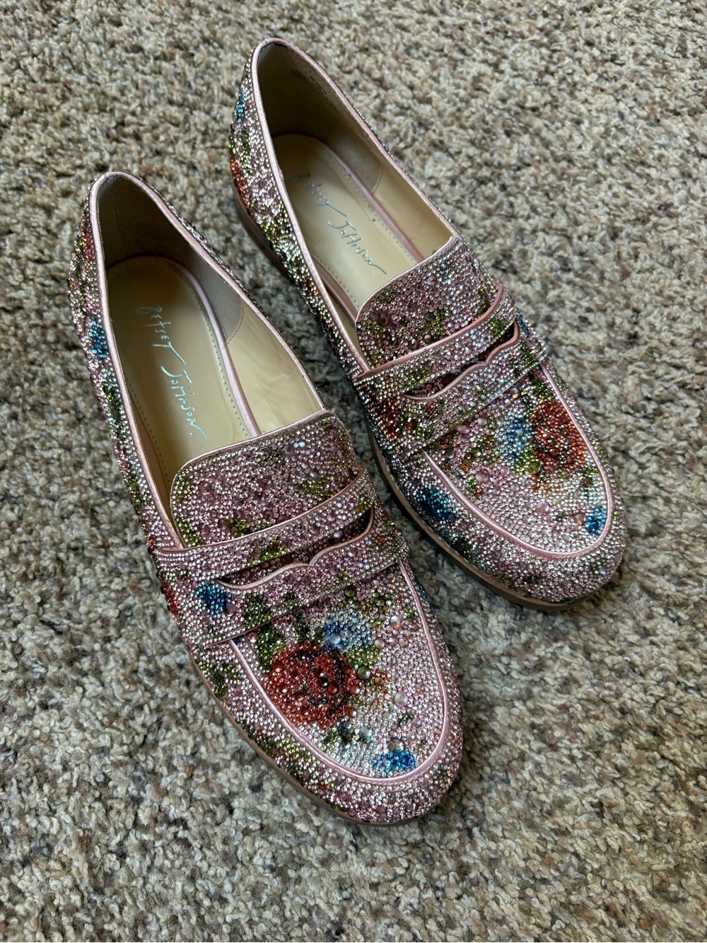 Betsey Johnson Pink Crystal Floral Embellished Loafers